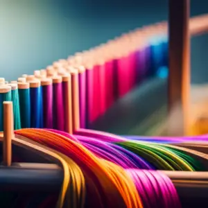 An image of a loom with multiple threads of different colors intricately woven together, showcasing advanced threading techniques for multi-color projects