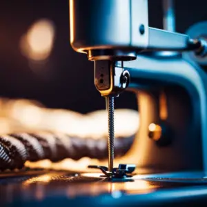 An image of a sewing machine with tangled thread, a jammed needle, and loose stitches