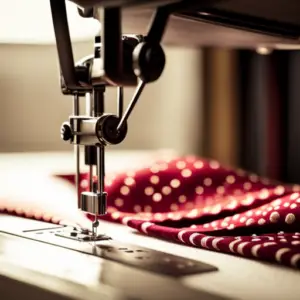 a close-up shot of a sewing machine in action, stitching intricate patterns and designs onto fabric