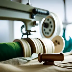 An image of a sewing machine surrounded by eco-friendly materials such as organic cotton fabric, recycled thread spools, and biodegradable packaging
