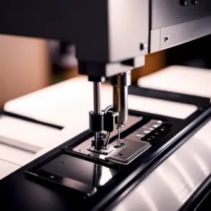 An image of a heavy duty sewing machine in action, with a strong, industrial frame, heavy-duty needles and thread, and a variety of fabric types being sewn with precision