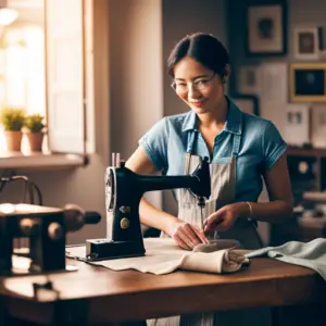 An image of a seamstress using a manual sewing machine in a well-lit, cozy, and traditional sewing room, contrasted with an image of a modern electric sewing machine in a clean, contemporary work space