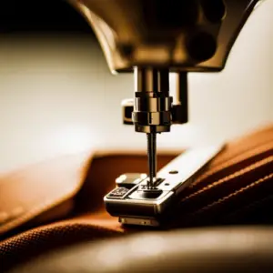 An image of a sewing machine stitching close-up on a piece of fabric, demonstrating precision topstitching techniques with even spacing and perfectly straight lines