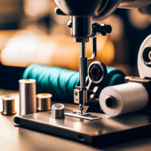 An image showing an assortment of essential sewing machine accessories such as a variety of presser feet, bobbins, needles, and thread spools neatly organized on a work surface