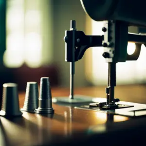 An image of a variety of sewing machine feet lined up on a table, with different types and sizes clearly visible