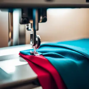 a close-up of a sewing machine needle stitching a neat and precise pocket onto a fabric with the thread seamlessly weaving through the edges