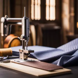 An image of a sewing machine surrounded by fabric patterns, draped garments, and pattern-making tools such as rulers, measuring tape, and scissors