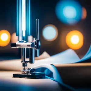 An image of a sewing machine with a bright LED light attachment illuminating the work area