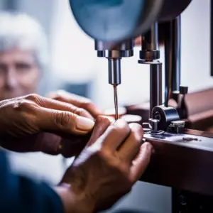 An image of a hand carefully applying a drop of sewing machine oil to the moving parts of a sewing machine